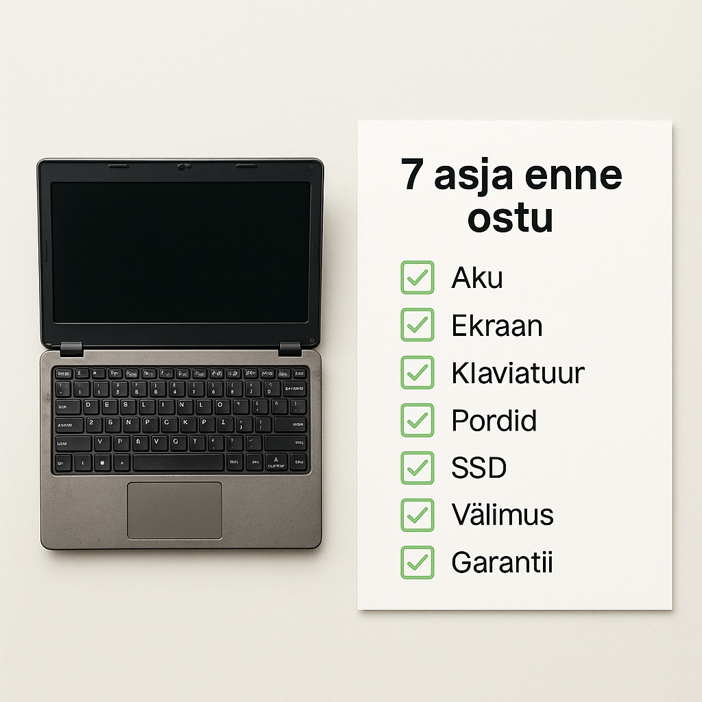 Kasutatud sülearvuti ja kõrval olev kontrollnimekiri, kus on kirjas: aku, ekraan, klaviatuur, pordid, SSD, välimus, garantii